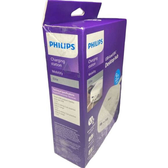 Philips Desktop Charging Station 2 Outlets 2 USB-A 1 USB-C 5ft Cord Box Wear - Picture 7 of 8